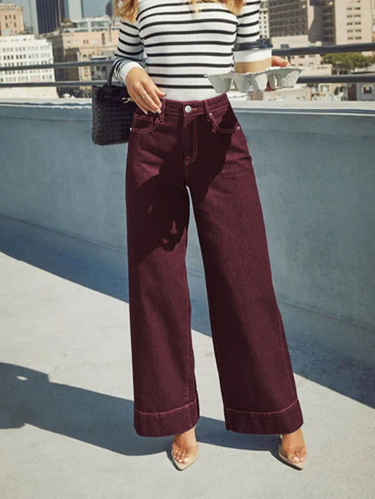 Burgundy women's high waist wide leg jeans stretch denim button placket washed jeans casual outing versatile style