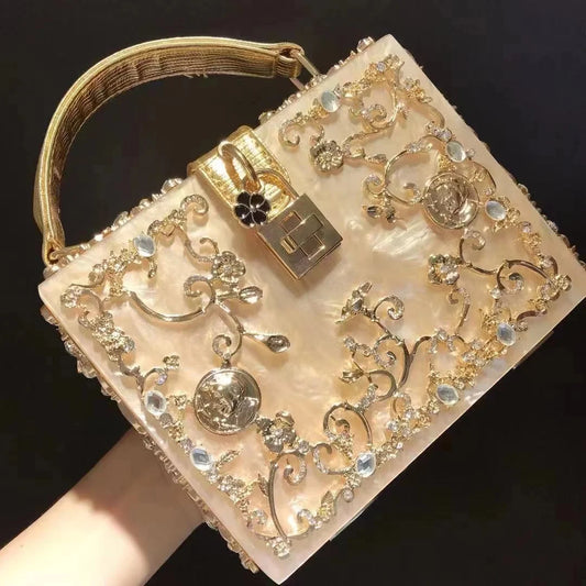 Luxury Designer Shimmer Acrylic Box Glitter Rhinestones Diamond Evening Bag Wedding Party Clutch Purse Shoulder Messenger Bag