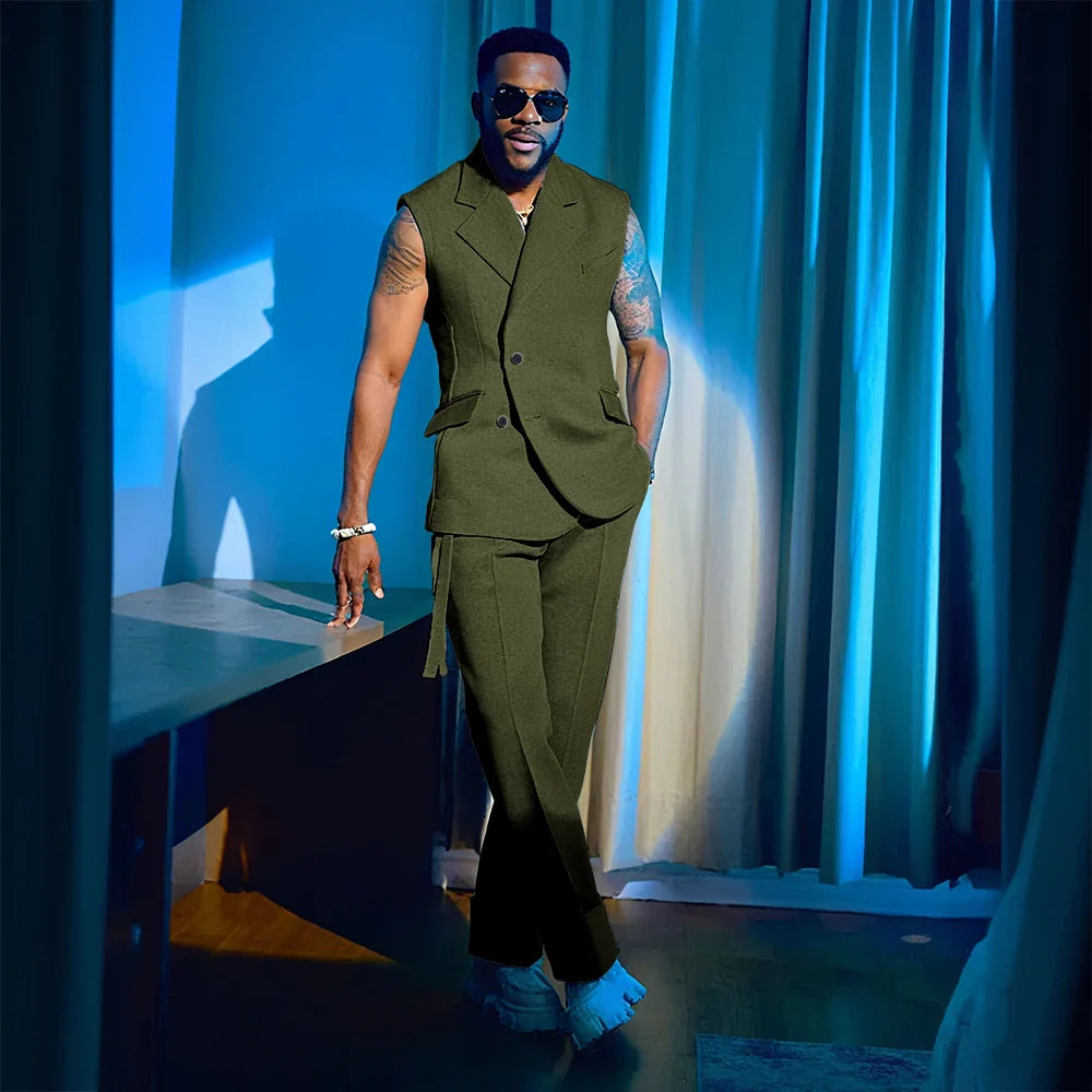 2025 Summer Hot 2 Pieces Jacket Pants Single Breasted Notch Collar High Quality Business Male Clothing Sleeveless Fashion