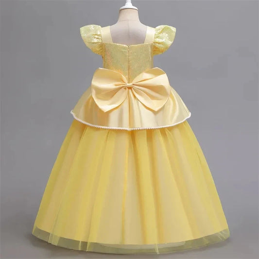 Beauty and the Beast Inspired Party Mesh Dress for Girl Elegant Fancy Princess Costume Belle Deluxe Ball Gown Kid Christmas Robe