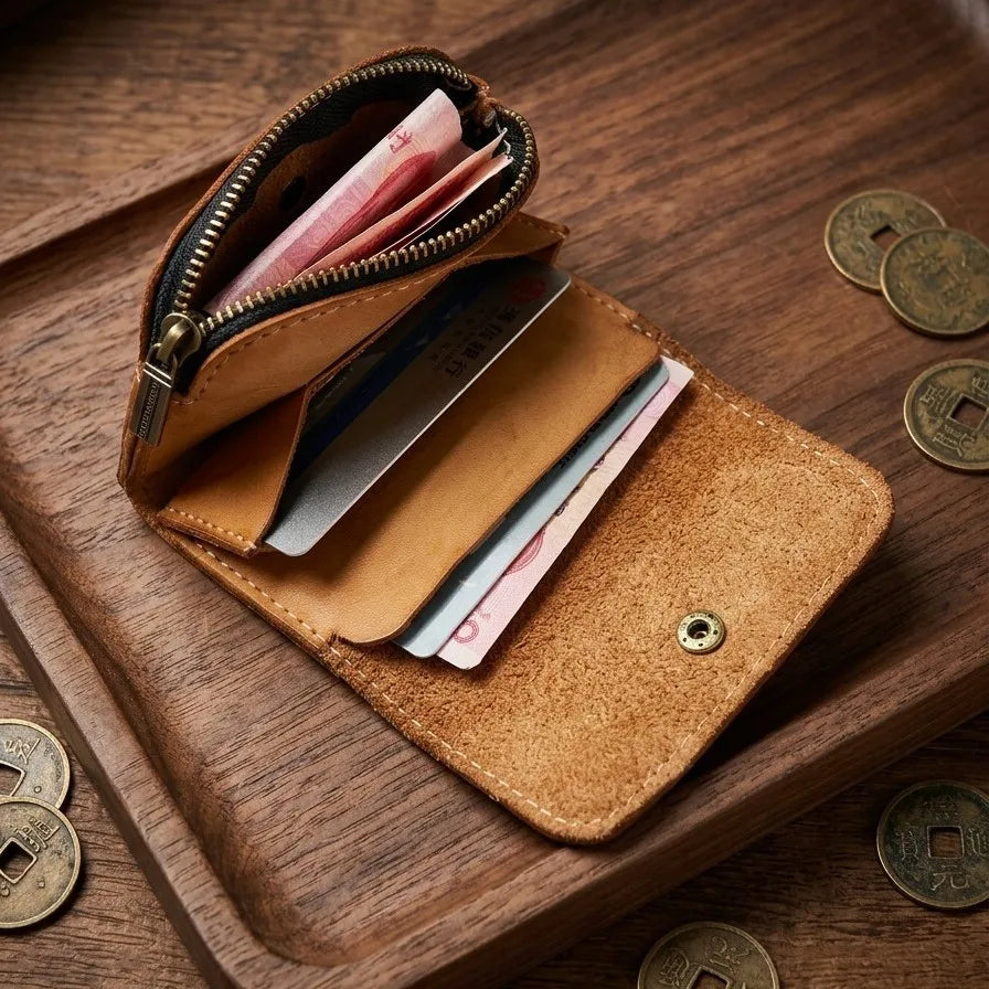 Custom Engravable Logo Full Grain Vegetable Tanned Leather Coin Purse Vintage Large Capacity Multi-Card Holder Wallet