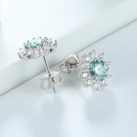 0.5CT 5MM Blue-green Moissanite Sunflower Stud Earrings Colorful Wedding Bride Brilliant Halo 925 Silver Luxury Ear Studs