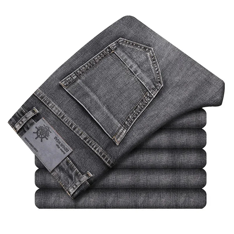 2026 Cotton Stretch Jeans Business Casual Men's Thin Denim Jeans Grey Spring Summer Brand New Fit Straight Lightweight