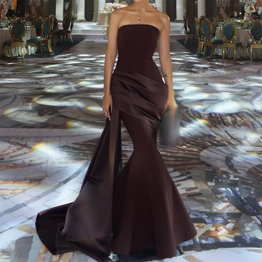Customized Strapless Formal Evening Dresses Backless Pleat Floor-Length Satin Prom Gown Long Sleeveless mermaid Party Dress