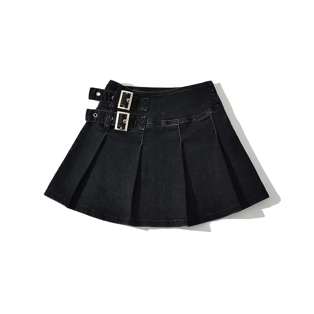 2025 Summer New TARUXY Denim Y2k Skirt with Pleats and Belt 90s E-girl Korean Skirts For Women High Street Jeans Short Bottom