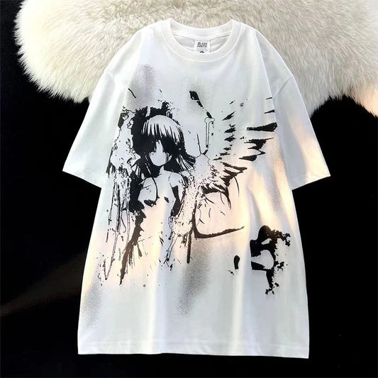 Retro Angel Print Short-sleeved Women T-shirt Summer Harajuku Casual Loose Cotton Oversize Women's T-shirts Female Clothing