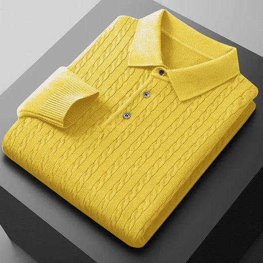 Men's Knitted Polo Shirts Button Cable Pullover Sweater V-neck Long Sleeve Outerwear Warm Heavyweight Solid Jumper