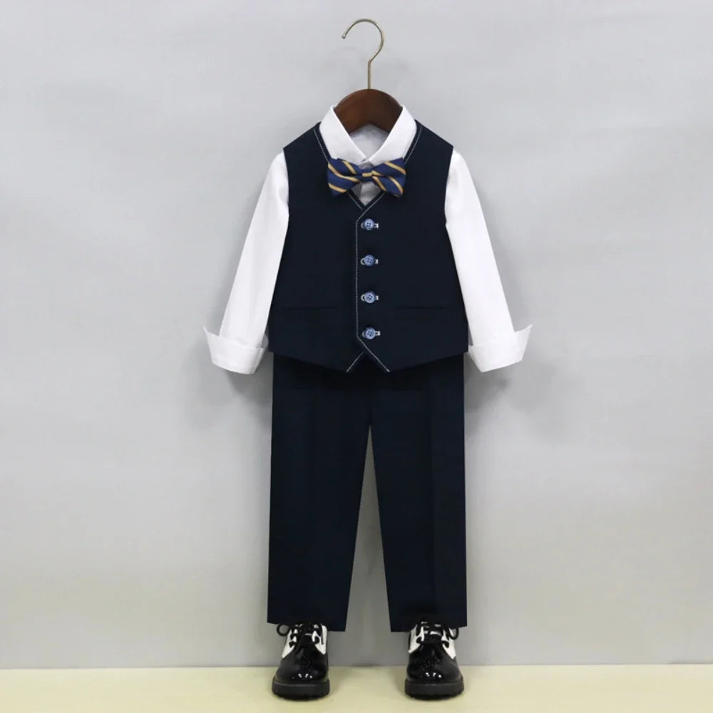 Notched Lapel Children's Formal Suit Set 5 Pieces Piano Contest Performance Boys Regular Fit Suits Wedding Ring Bearer Outfit