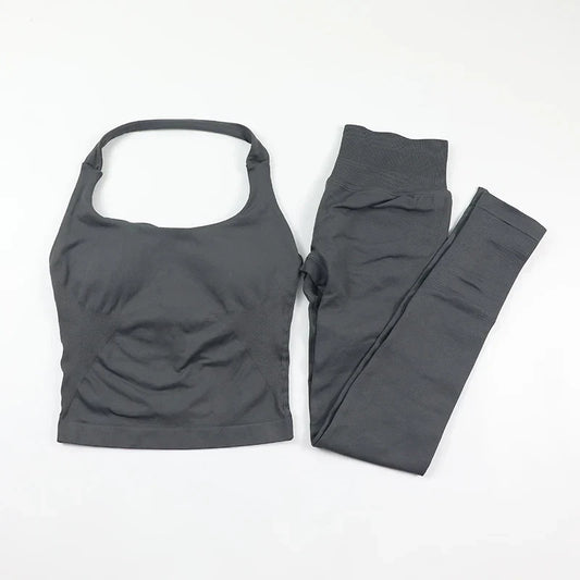 Seamless Gym Set Women Workout Clothes Low Waist Scrunch Yoga Leggings Sets Padded Halter Tank Top 2 Piece Sports Suits