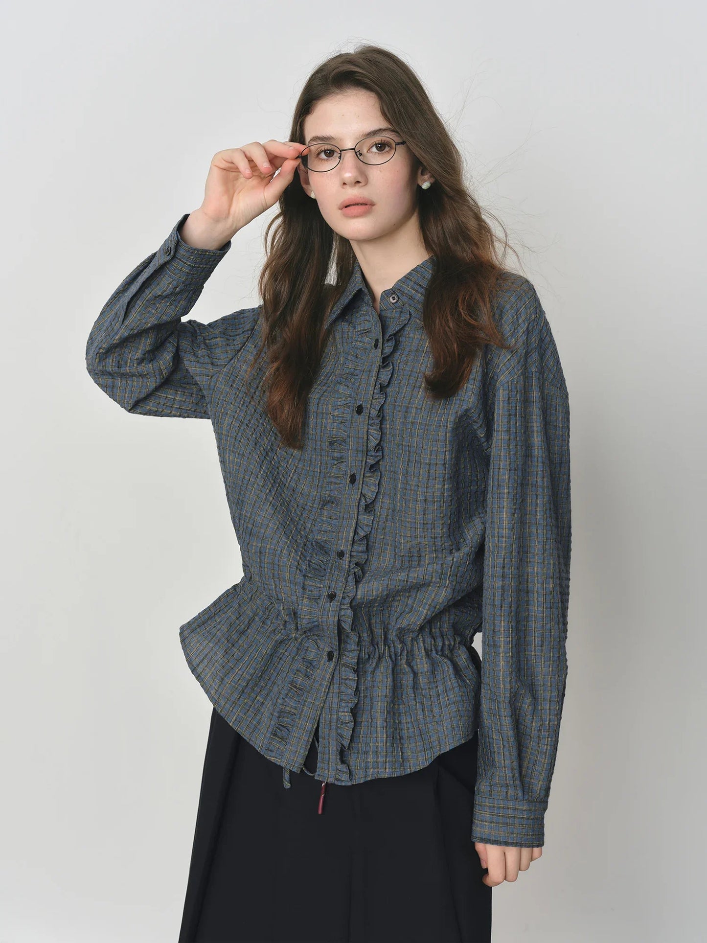 Retro Vintage Wood Ear Edge Bubble Check Texture Shirt For Women Autumn 2025 New Arrival Long Sleeves Chic Shirt 25FS13166