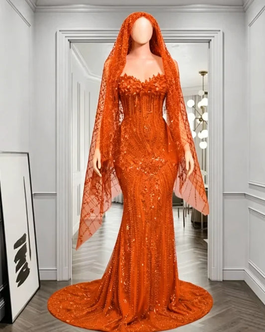 Red Rhinestone Matching Cape Veil Women Mermaid Prom Dress Formal Wedding Eveing Party Gown Customized