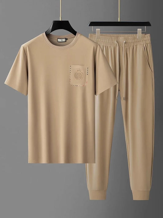 Summer New Fashion Trend Solid Color Short Sleeve T-shirt Set Men's Loose Sport Comfortable Breathable Large Size Two-Piece Set