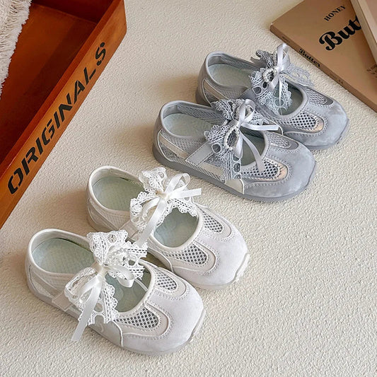 Kids'Casual Shoes Sneakers Mesh Bow Spring Summer Shoes For Girls Anti-slip Breathable Soft Bottom White Silver Shoes Size 23-36