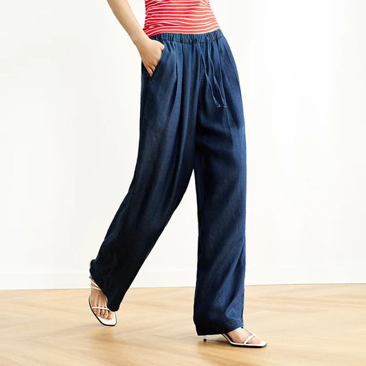 Elastic Waist Denim Pants Women Draped Fit 2025 Summer New Cooling Wide Leg Trousers