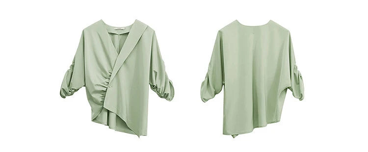Women's Blouse 2026 Summer New V-Neck Asymmetric Pleated Mid Sleeve Shirt Relaxed Fit Office Casual Top For Women 12622117