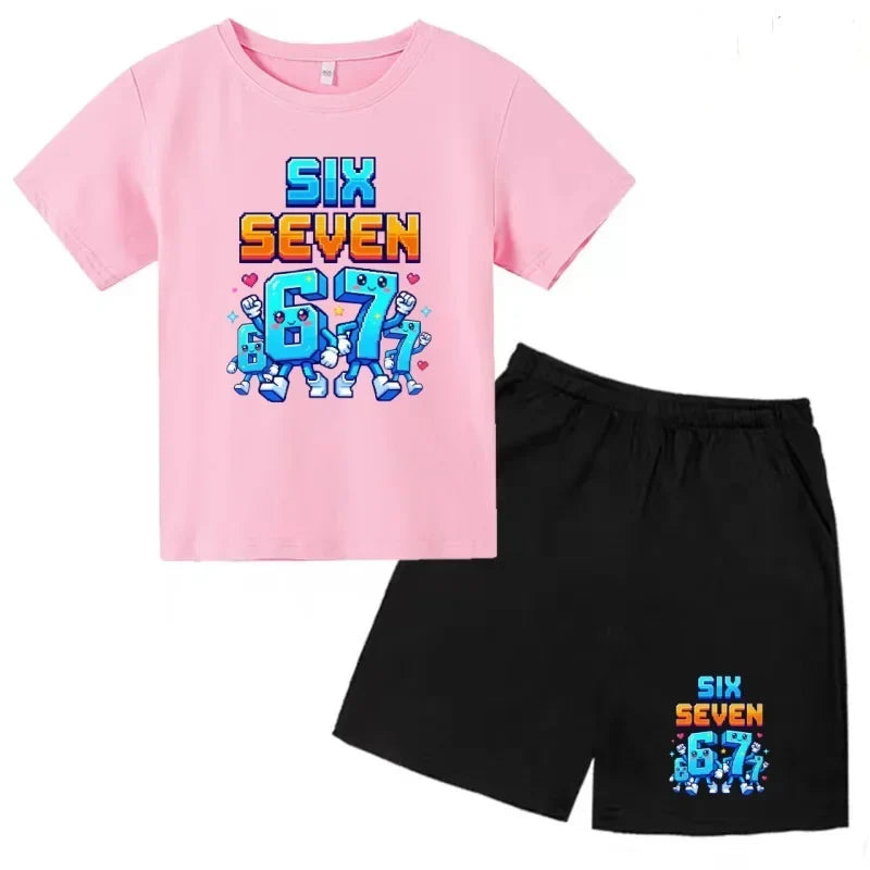 Boys Girls 3-12Y Summer Fashion Outfit 67 Number Cartoon Print T-shirt and Shorts Casual Two-Piece Clothing Set