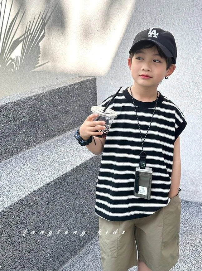 Striped Sleeveless Vest Children Clothing Top and Bottom Clothing Set Fashion 8 14 Years Children's Suit for Boy Clothes Outdoor