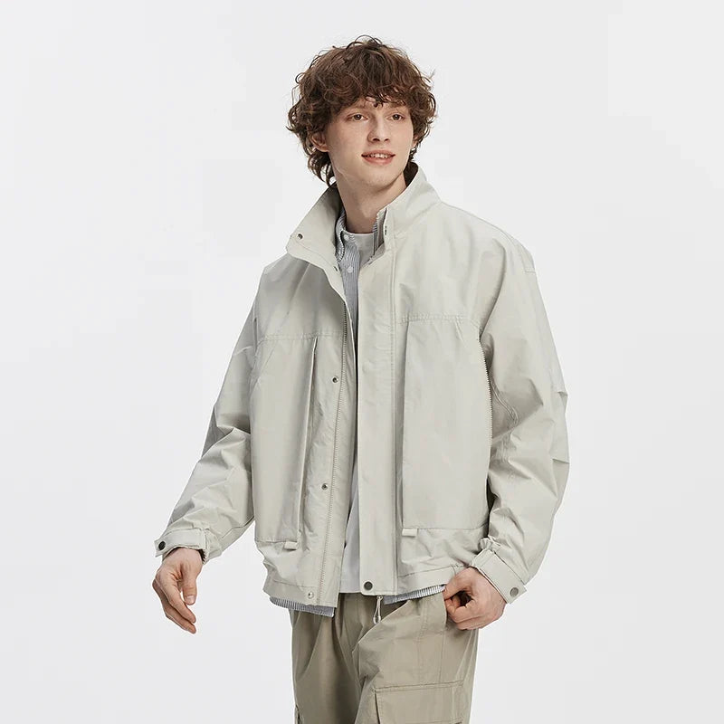 Men Jacket Lightweight Utility Stand Collar Zip Outdoor Commuter Style Loose Autumn Outerwear Daily Wear 2026