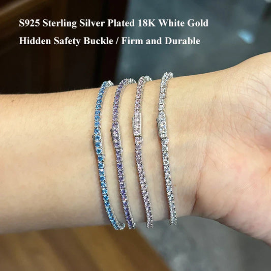 Bracelet tennis femme en argent S925, entièrement serti de zircon 5A 2mm violet, rose, bleu, blanc et de toutes les gemmes de carbone élevé colorées