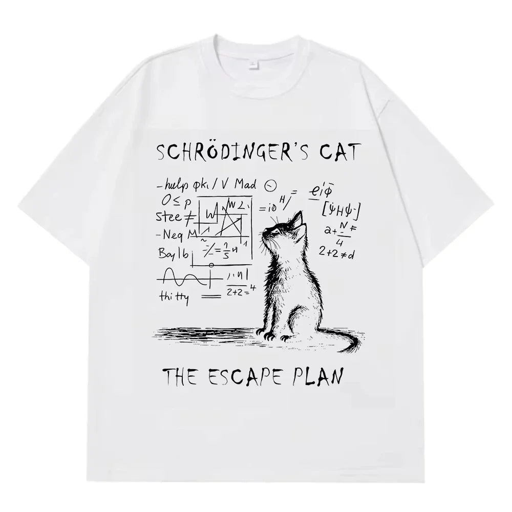 Schrodinger Cat Physics Quantum Mechanics Creative Print Summer Short-sleeved Cotton T Shirt Men Women Streetwear Loose T-shirts