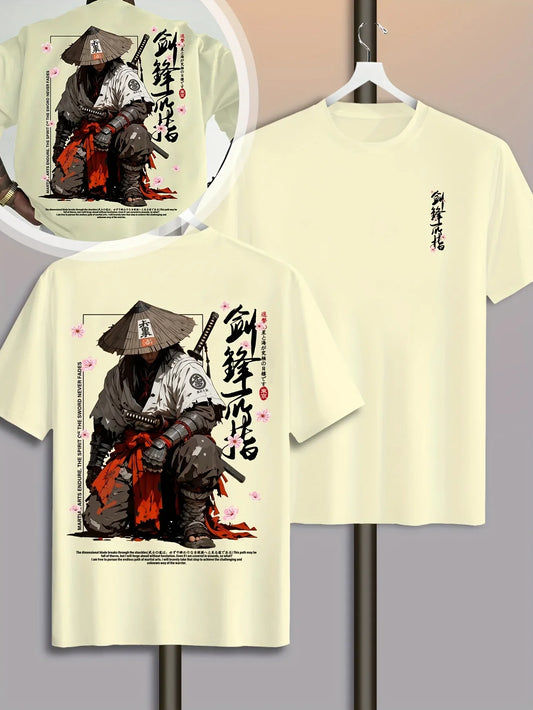 Summer Men's Japanese-style Ink-wash Samurai Pattern Casual Sports Street Style Trendy Short-sleeved T-shirt Soft Breathable