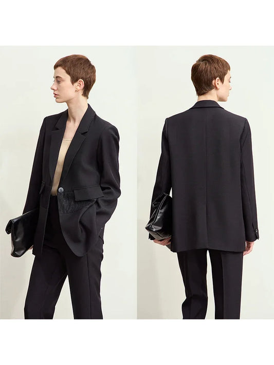 Minimalism 2025 Women's Blazer Autumn New Office Lady Lace Spliced Shoulder Professional Loose Female Notched Tops 12443009