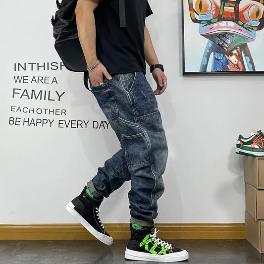 Autumn Men's Jeans With Multiple Pockets Workwear Pants Leg Pants Retro Straight Leg Pants Casual Pants
