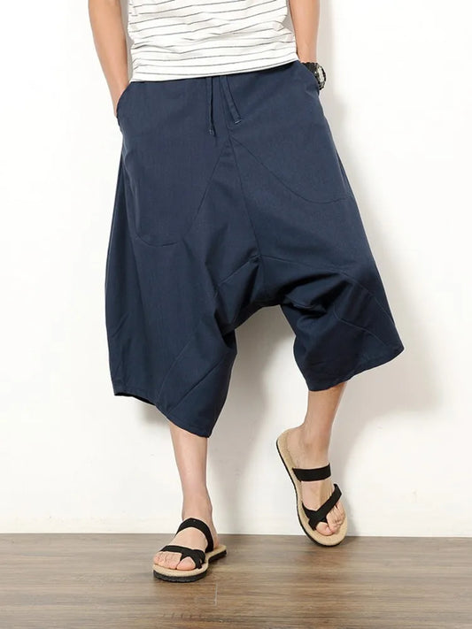 Summer Men's Japanese Samurai Boho Summer Harem Shorts Hakama Linen Cotton Pants 5 Colors Loose Fit Short Pants Big Size