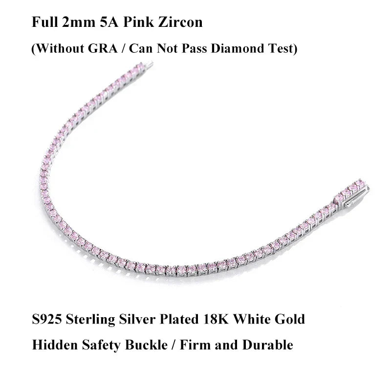 Full 2mm Violet Pink Blue White 5A Zircon Tennis Bracelet for Woman S925 Silver High Carbon All Colored Gemstone Bracelets