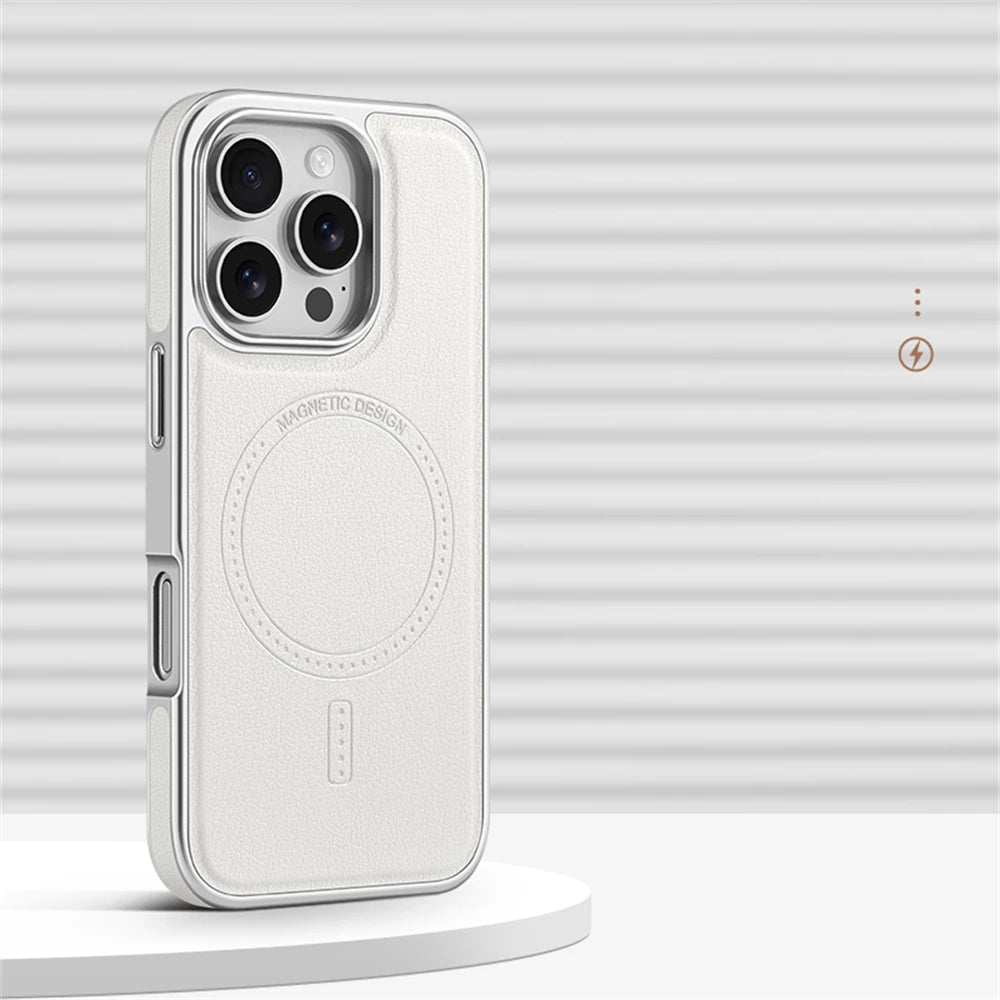Premium Plating Frame Business Leather Magnetic Case for iPhone 17 16 15 14 13 Pro Max Plus 17Air For Magsafe Shockproof Cover