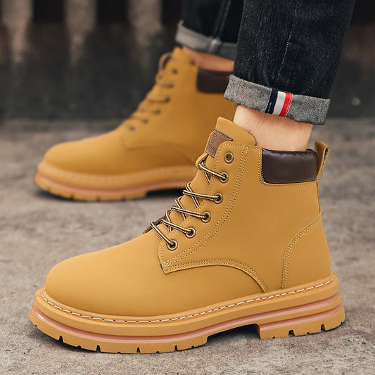 1-Pair MAINALUN Men's & Women's Heavy-Duty All-Terrain High-Top Boots - PU/Fabric Upper, Beige/Tan Lace-Up Ankle/Boot Boots with