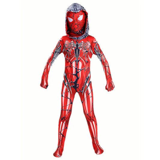 Kids Red Spider Costume with Mesh Mask Zipper Hooded Jumpsuit for Halloween Party Cosplay Mardi Gras Performance Costume
