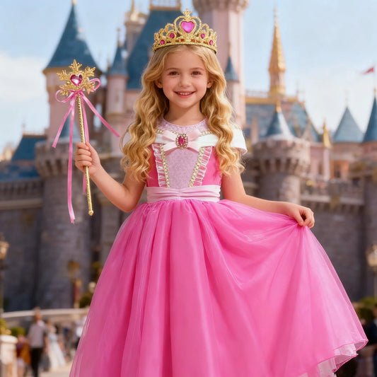 Girl Pink Dress Aurora Kids Cosplay Costume Princess Deluxe Outfit Children Birthday Party Elegant Ball Gown Fairy Disguise Sets