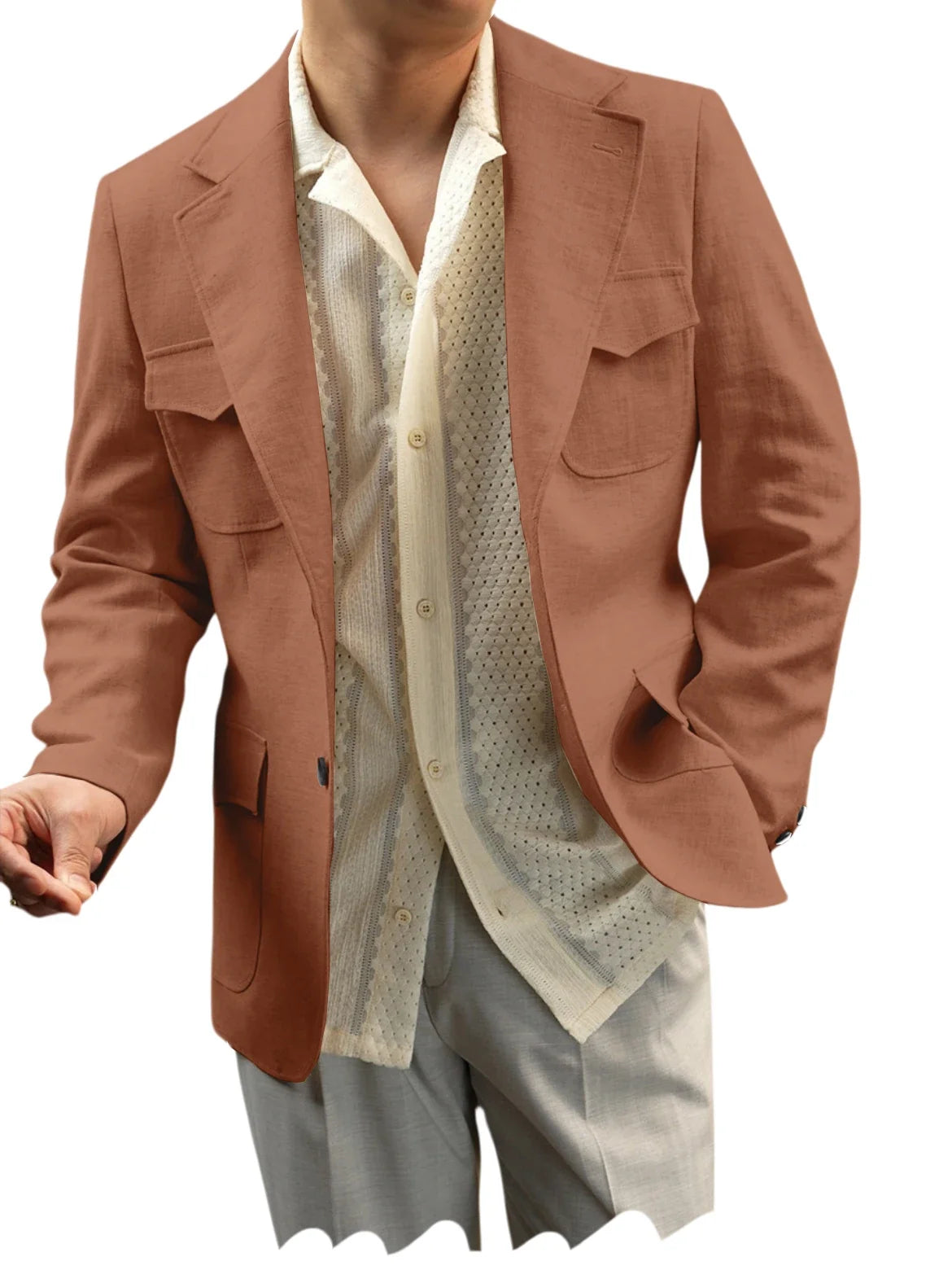 Classic Men's Linen Blazer Notched Lapel Slim Fit Breathable Elastic Suit Jacket with Flap Pockets for Wedding Prom Daily Wear