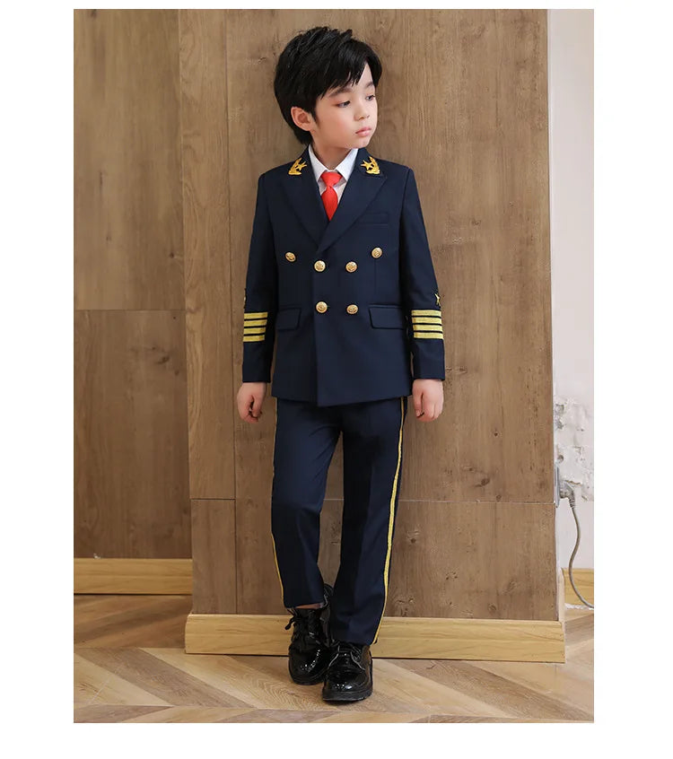 Flower Boys Pilot 3Pieces/Set Jacket Pants Tie Uniform Suit Kids Tuxedo Wedding Dress Children Birhtday Photograph Stage Costume