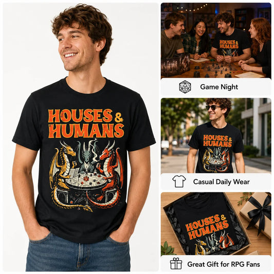 Men's fun "Dungeons and Dragons" inspired T-shirt Houses and humans spoof game player tops with dragons and wizards