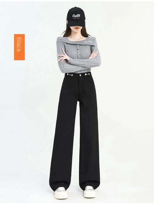 Winter Thick Warm Womens High Waist Jeans Fleece Lined Loose Fit Wide Leg Trousers Korean Style Stretchy Adjustable Waist Jeans