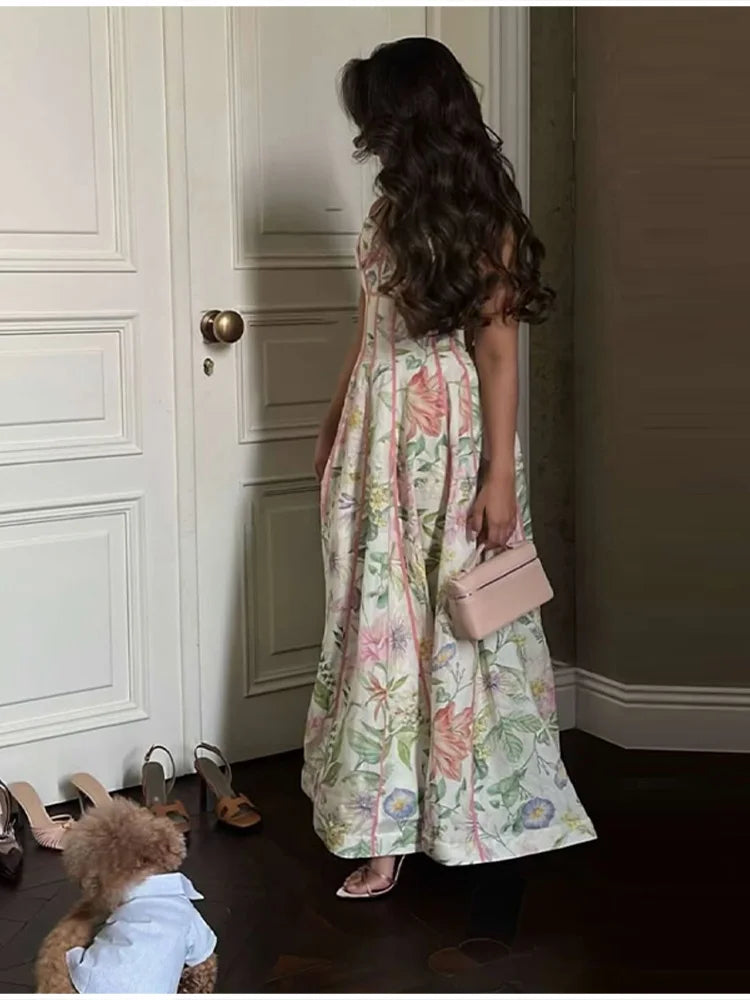 Fashionable Lady Floral Corset Maxi Dresses Halter Neck Sleeveless Flowy Long Dress Female Beach Vacation Party Evening Gown