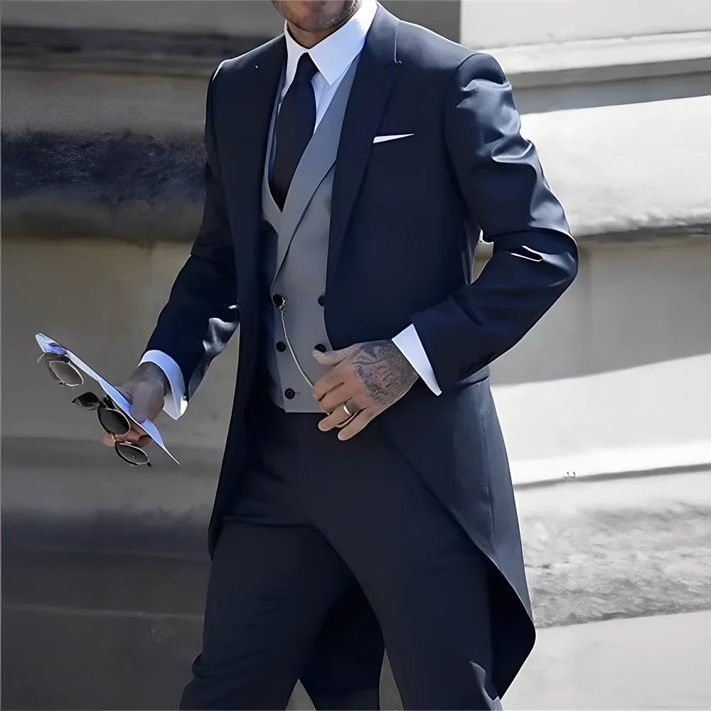 Men's Formal Performance Suit 3-Piece Black Tailcoat Vest Pants Slim Fit Set for Wedding Concert Hosting Program Custom Tuxedo
