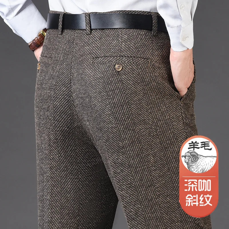 Autumn Winter Suit Pants Thicken Mens British Pants Straight Flat Loose High Waist Twill Dress Men Wool Trousers Size 40 42 44