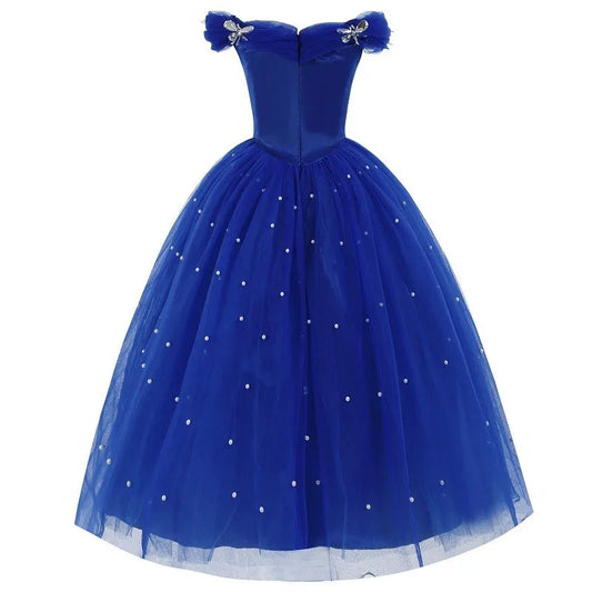 Cinderella Princess Same Cosplay Style Dark Blue Girl Luxury Dress Off-Shoulder Puff Skirt Christmas Party Gift Dress Set
