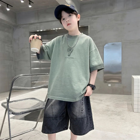 Luxurious Teen Boys Set For Child Elegant T-shirts + Denim Shorts 2PCS Clothes Set Summer Kids Luxury Clothing Set Age 6 To 16 Y
