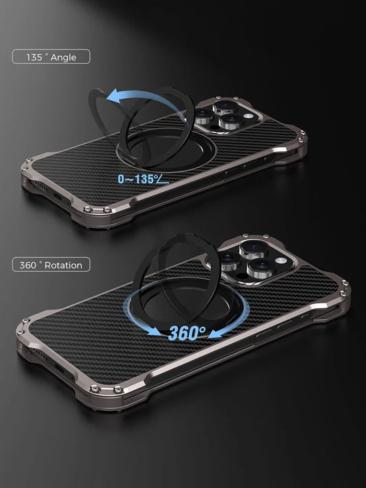 Metal Carbon Fiber Case For Iphone 16 15 14 13 Pro Max Cover Lightweight Aluminum Alloy Funda Coque Built-in Holder Ring