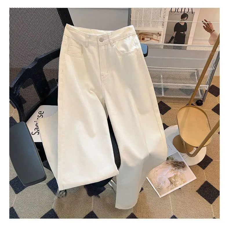 Summer Women's White High Waisted Wide Leg Jeans Premium Draped Effortless Chic Loose Straight Leg Denim Pants for Daily Office