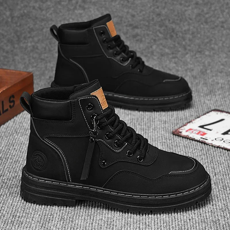 Men Boots Autumn High Top British Korean Thick Soled Platform Comfortable Non Slip Short Boots Outdoor Lace Up Cotton Boots 202