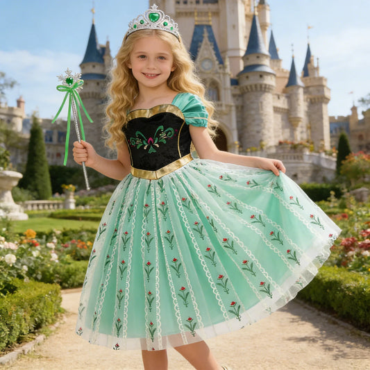 Elsa Anna Dress for Girls Short Sleeve Dress Snow Queen Floral Print Dress Cosplay Birthday Party Children Kids Carnival Clothes