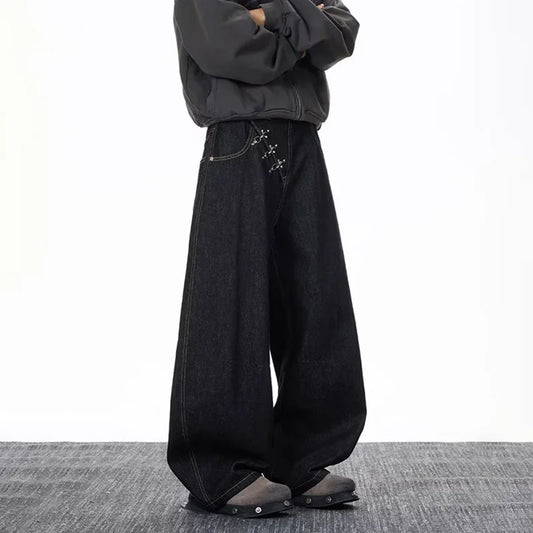 2026 Spring/Summer Korean Black Men'S Curved Knife Jeans Loose Straight Legs Casual Wide Legs 3xl Large Jeans