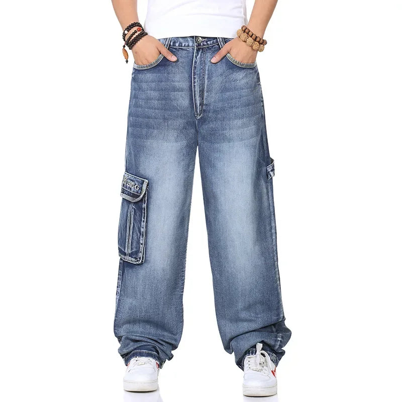 Mens Baggy Jeans Spring and Autumn New Fat Guy Large Size Fashion Multi-pocket Wide Loose Jeans Mens Denim Trousers