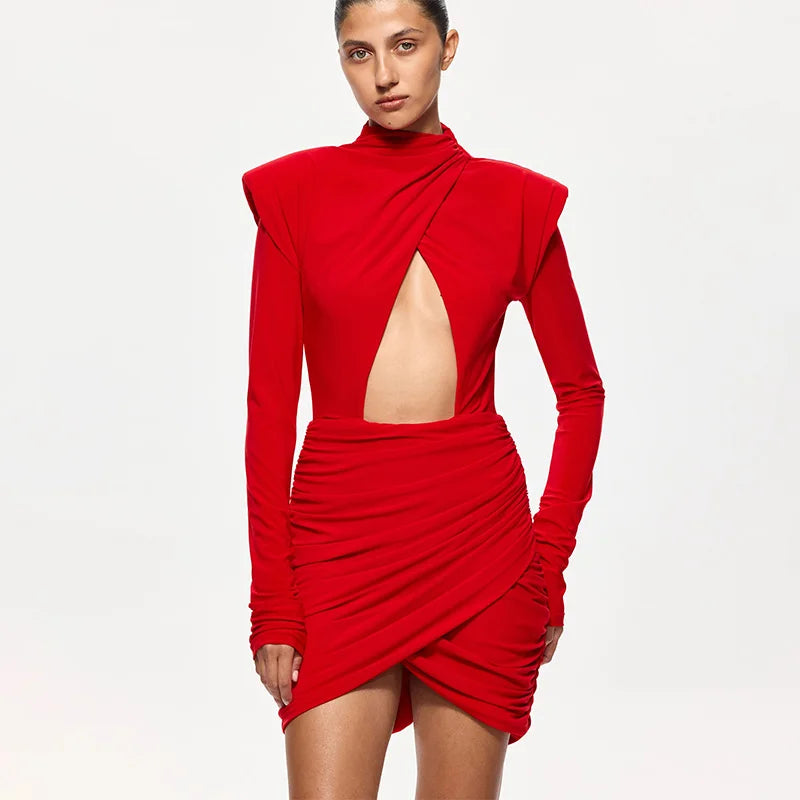 Eelgant Fashion Dresses For Women Solid Zipper Sheath Pleated Hollow Out Regular Long Sleeves Turtleneck Shoulder Pad