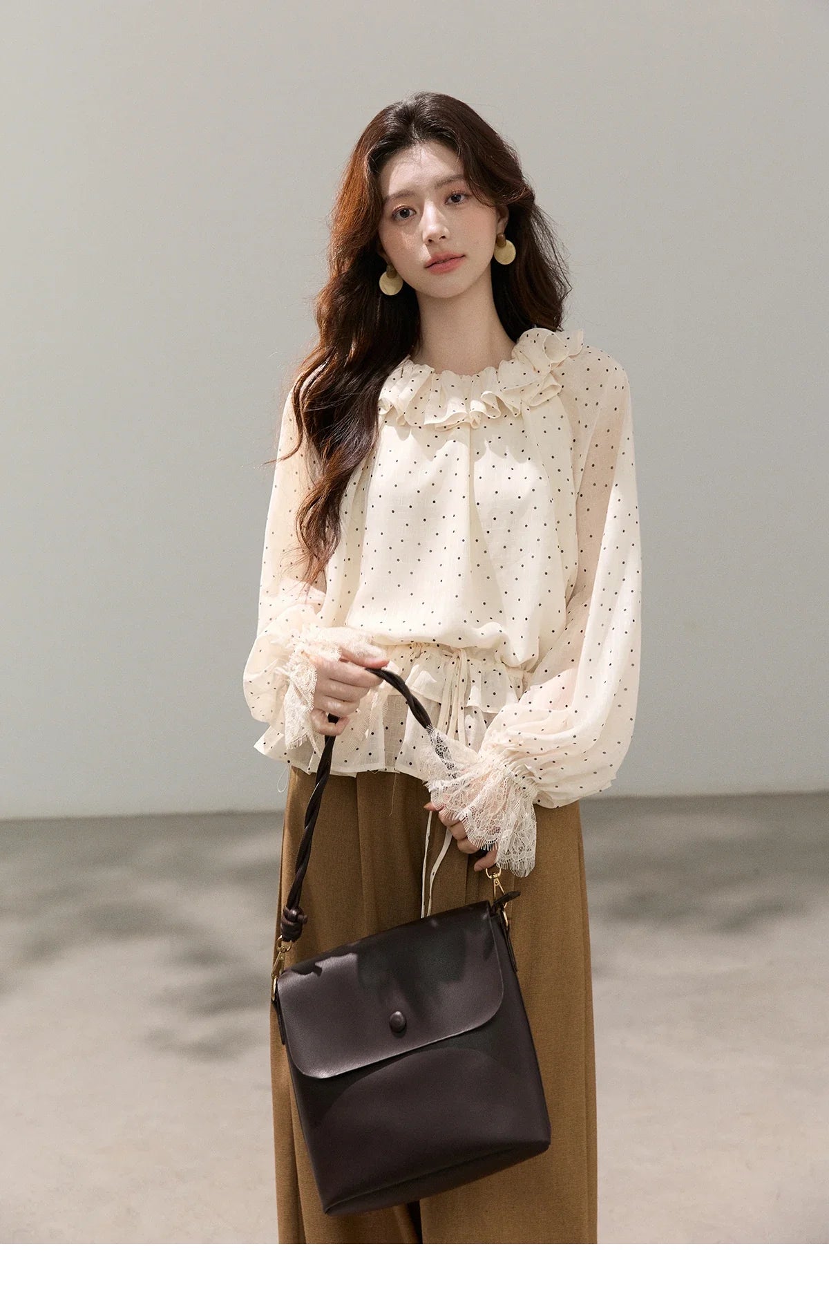 Retro Polka Dot Ruffle Chiffon Blouse 2026 Spring New Apricot Lace Cuffs Design Top Gentle Tie Shirt for Women MXF13X2530